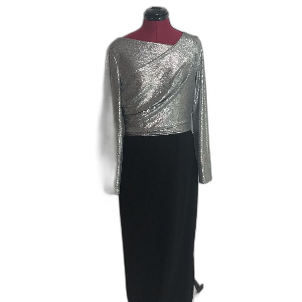 Lauren Ralph Lauren Maxi Gown Women’s Size 10 Black & Silver Metallic - Picture 5 of 12
